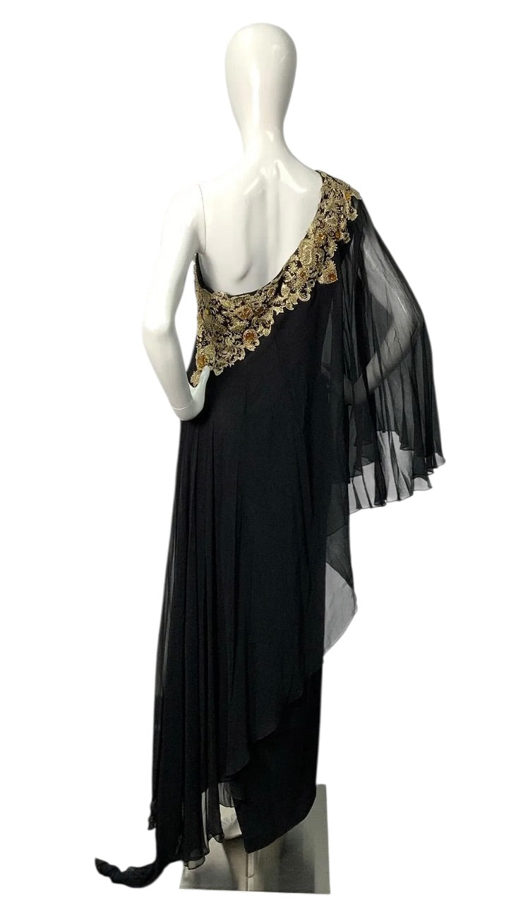 Marchesa Black Silk Chiffon One-Shoulder Gown with Gold Embroidered Crystal Appliqué (c. 2009-2011)