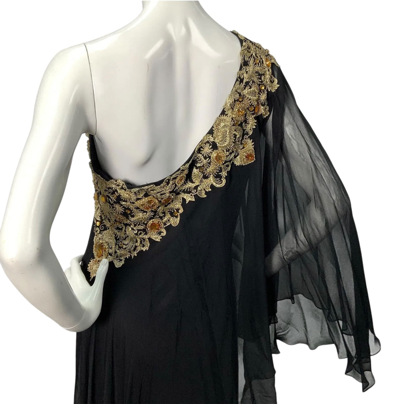 Marchesa Black Silk Chiffon One-Shoulder Gown with Gold Embroidered Crystal Appliqué (c. 2009-2011)