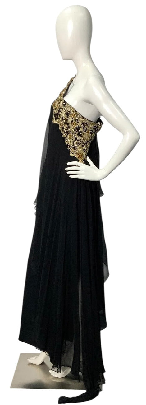 Marchesa Black Silk Chiffon One-Shoulder Gown with Gold Embroidered Crystal Appliqué (c. 2009-2011)