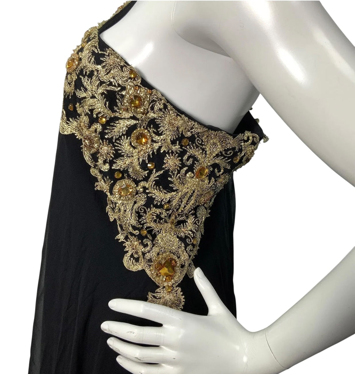 Marchesa Black Silk Chiffon One-Shoulder Gown with Gold Embroidered Crystal Appliqué (c. 2009-2011)
