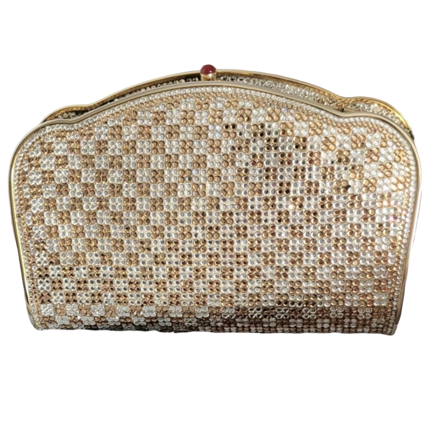Vintage Judith Leiber Two-Tone Swarovksi Crystal Minaudière Evening Clutch w/ Mirror & Chain Strap
