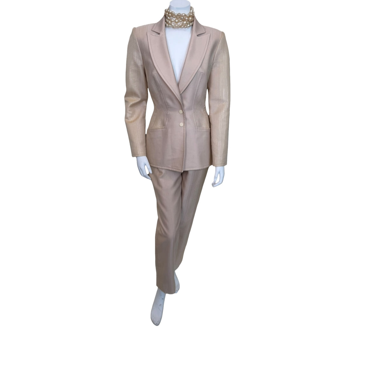Vintage 1990s Thierry Mugler ivory iridescent jacquard sculpted hourglass blazer and trouser suit, front view