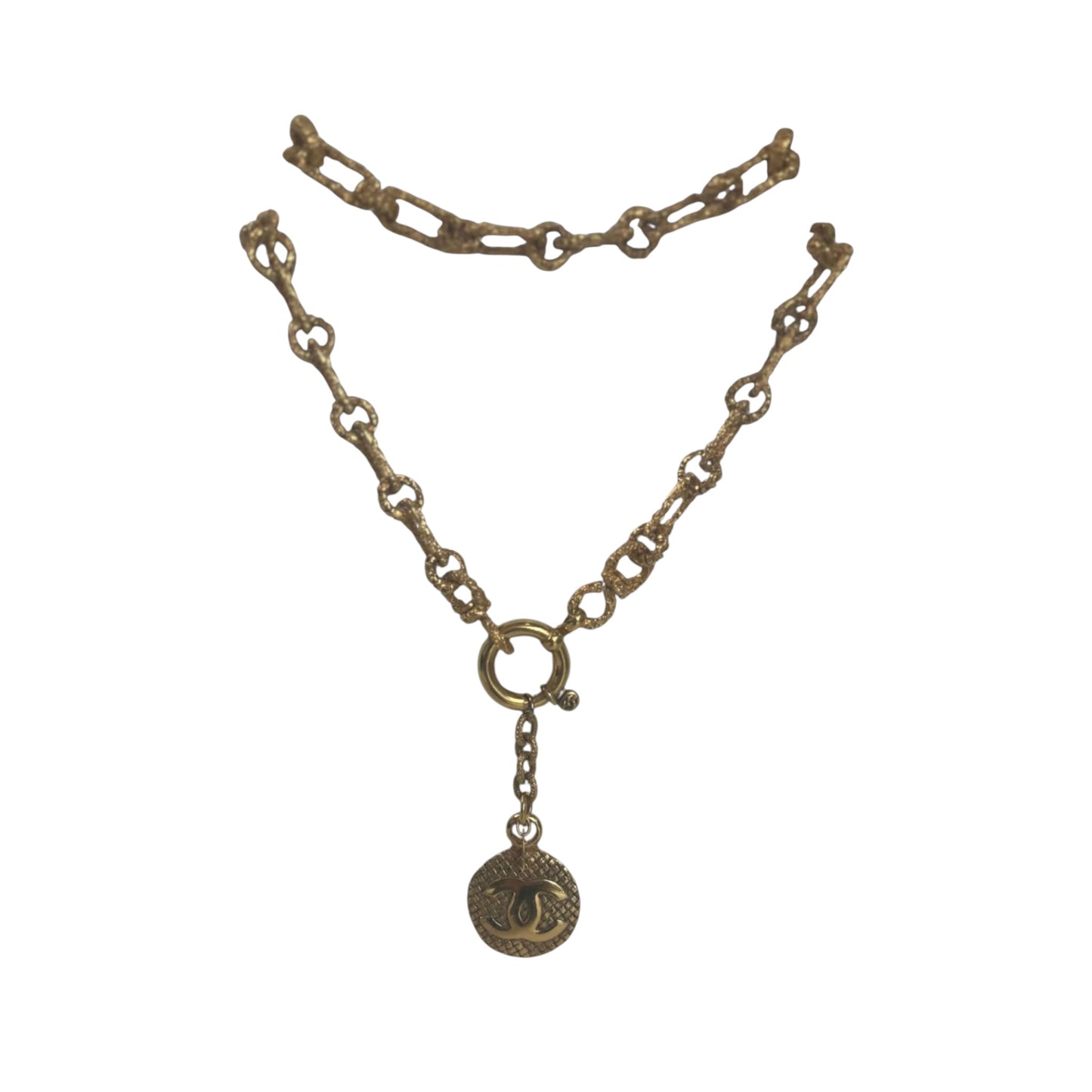 Chanel Vintage 1990 Gold-Tone Textured CC Logo Medallion Statement Necklace