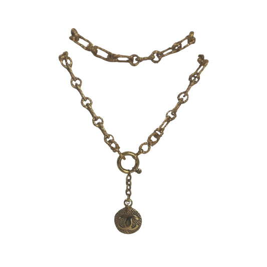 Chanel Vintage 1990 Gold-Tone Textured CC Logo Medallion Statement Necklace