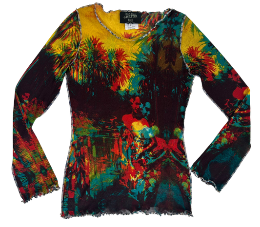 Jean Paul Gaultier Vintage 2000 Jungle Print Sheer Mesh Long Sleeve Top