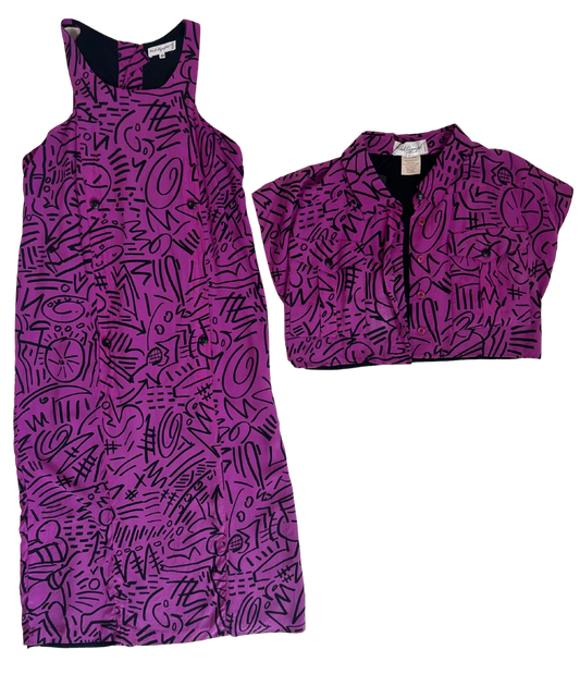 Karl Lagerfeld Vintage 1980's Purple and Black Abstract Print Silk Midi Dress and Cropped Jacket