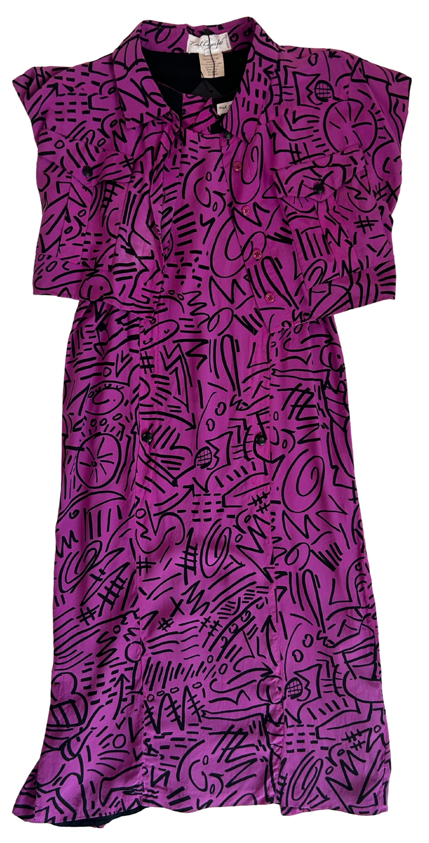 Karl Lagerfeld Vintage 1980's Purple and Black Abstract Print Silk Midi Dress and Cropped Jacket