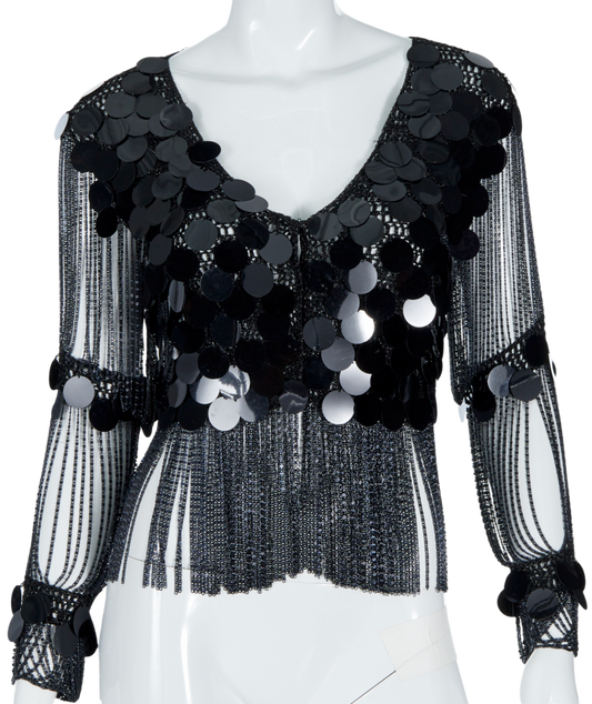 Vintage 1970s Loris Azzaro Black Chainmail and Paillette Sequin Crochet Top