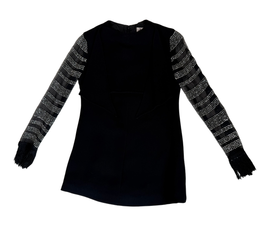Lanvin Vintage 1970's Black Chiffon Striped Sequin and Fringed Knit Evening Blouse