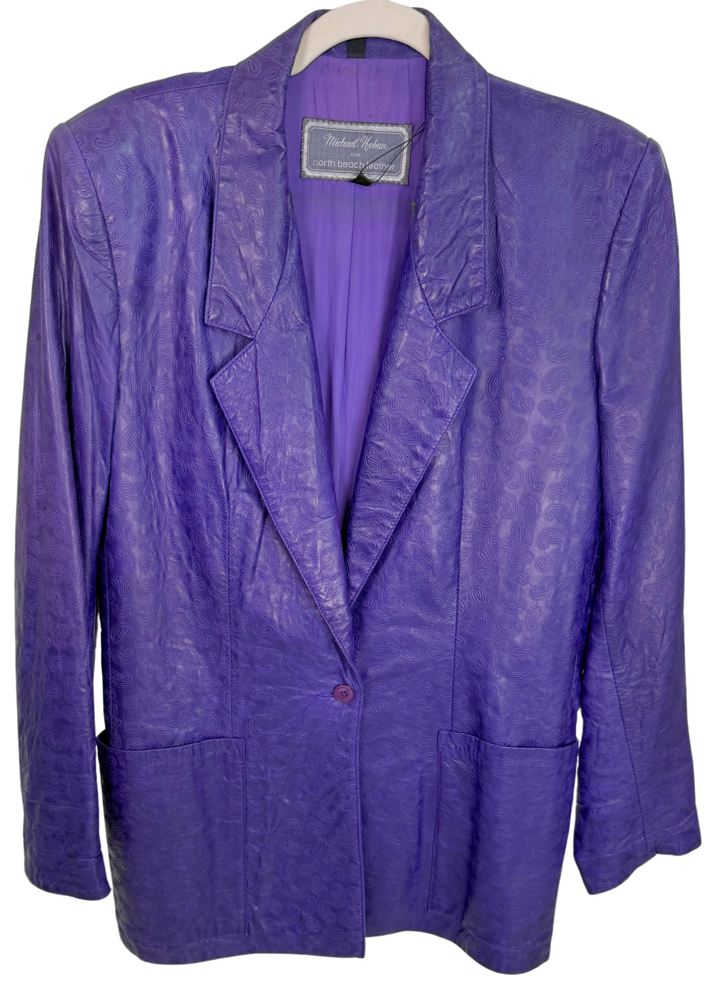Michael Hoban for North Beach Leather Vintage 1980s Purple Embossed Paisley Leather Jacket