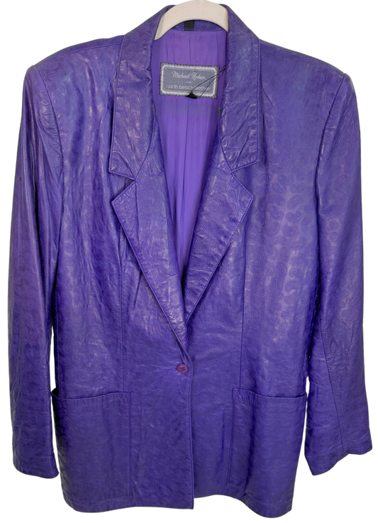 Michael Hoban for North Beach Leather Vintage 1980s Purple Embossed Paisley Leather Jacket