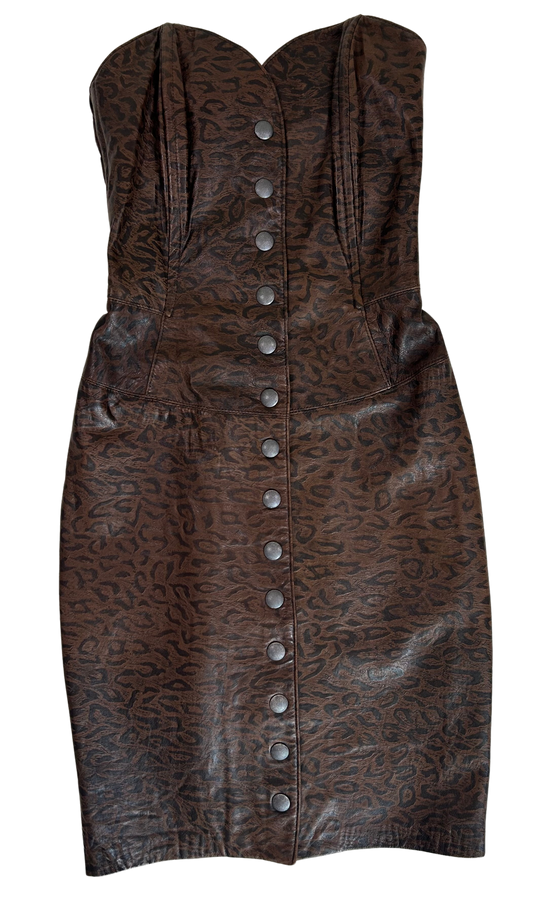 Michael Hoban Vintage 80's Leopard Print Leather Bustier Fitted Midi Dress