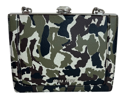 Miu Miu Camouflage Print Leather Crystal Top Handbag