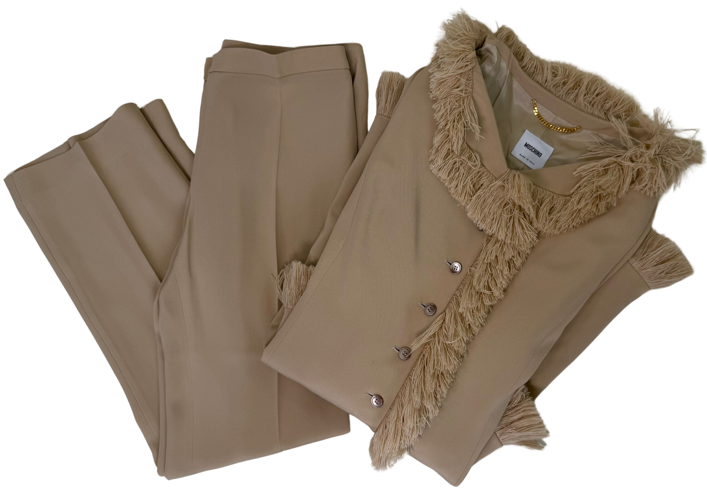 Rare 1990s Moschino Couture! Beige Fringe Pantsuit fro the Iris Apfel Collection | Franco Moschino Era