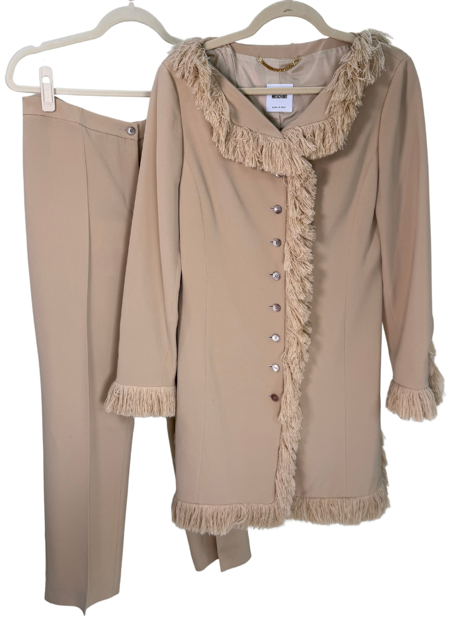Rare 1990s Moschino Couture! Beige Fringe Pantsuit fro the Iris Apfel Collection | Franco Moschino Era