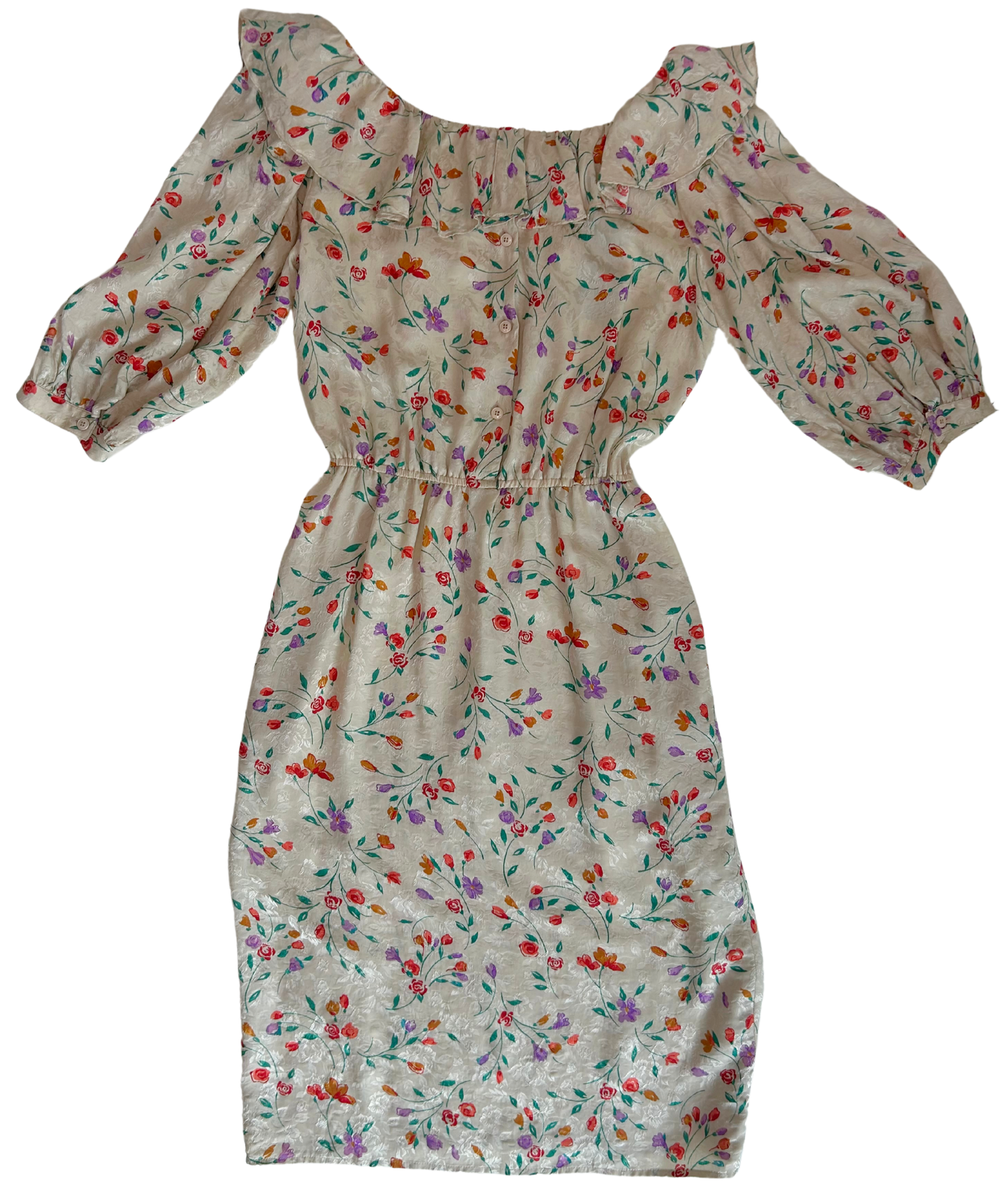 Vintage Miss O by Oscar de la Renta Silk Floral Ruffle Midi Dress – 1980s
