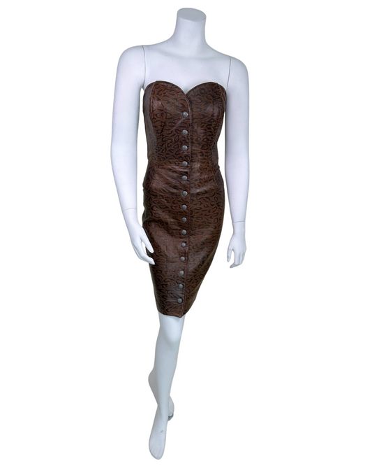 Vintage 80s Michael Hoban for North Beach Leather Animal Print Bustier Dress