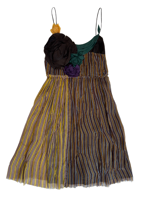 MIU MIU Vintage Silk Striped Floral Applique Midi Dress