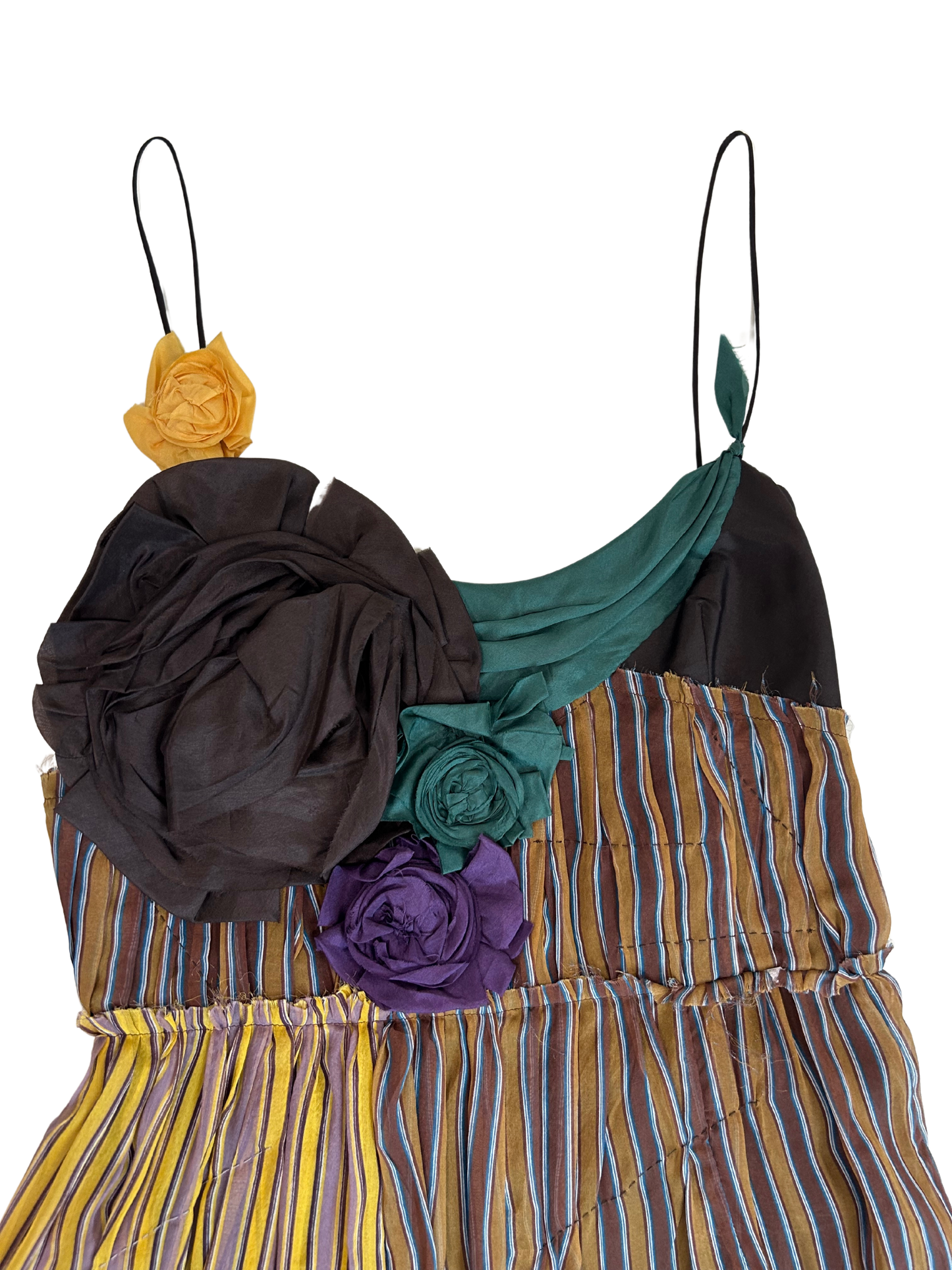 MIU MIU Vintage Silk Striped Floral Applique Midi Dress
