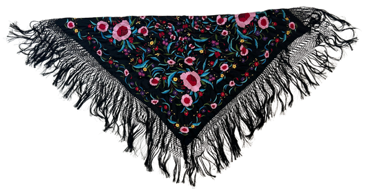 Oscar De La Renta Vintage 1990s Black Floral Embroidered Fringed Piano Shawl
