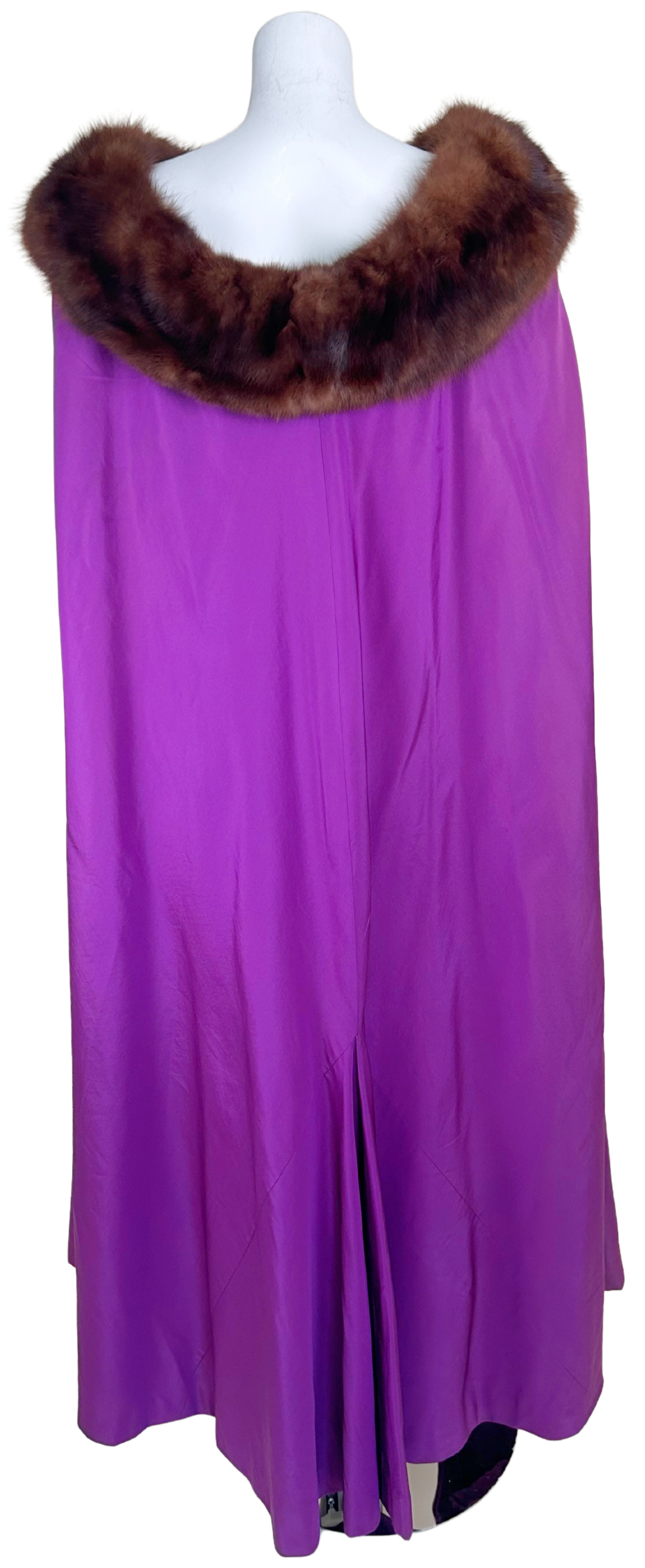 Vintage 1960s Paulene Trigère Purple Taffeta Cape with Mink Fur Collar
