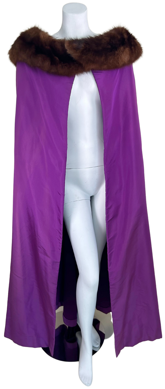 Vintage 1960s Paulene Trigère Purple Taffeta Cape with Mink Fur Collar