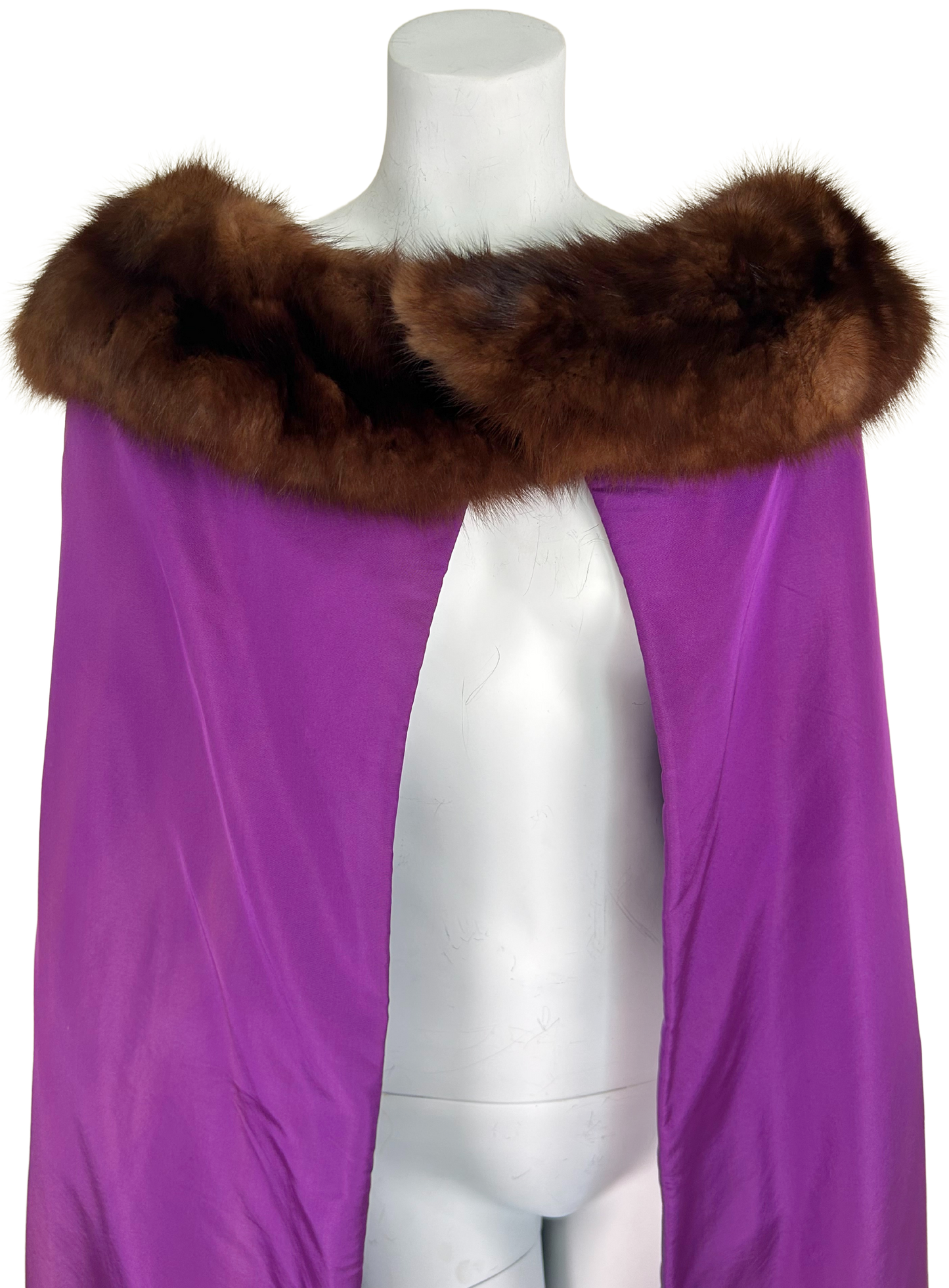 Vintage 1960s Paulene Trigère Purple Taffeta Cape with Mink Fur Collar