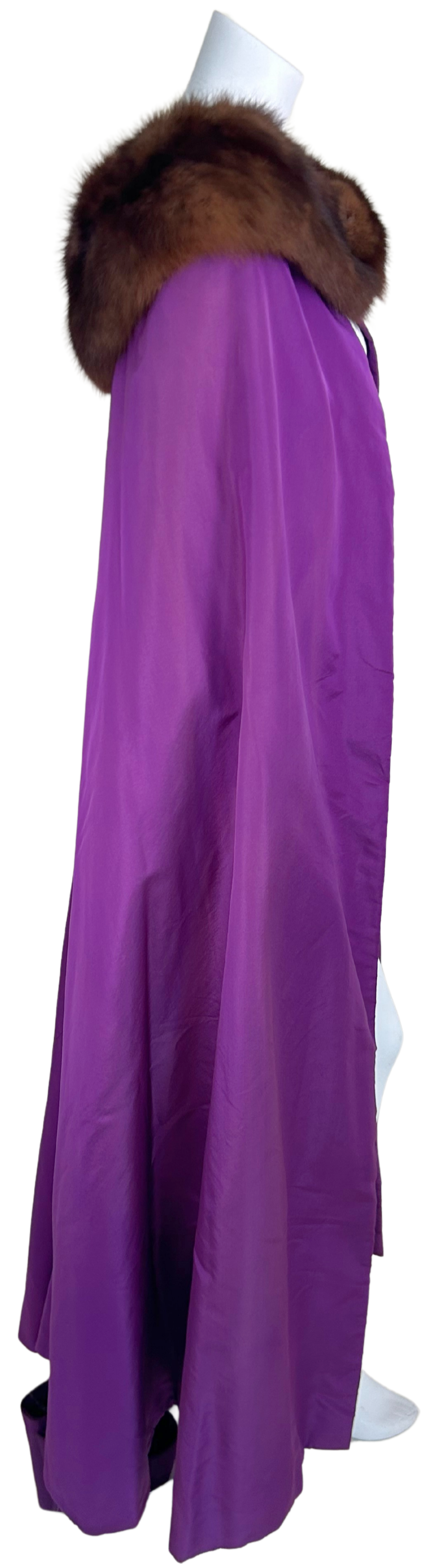 Vintage 1960s Paulene Trigère Purple Taffeta Cape with Mink Fur Collar