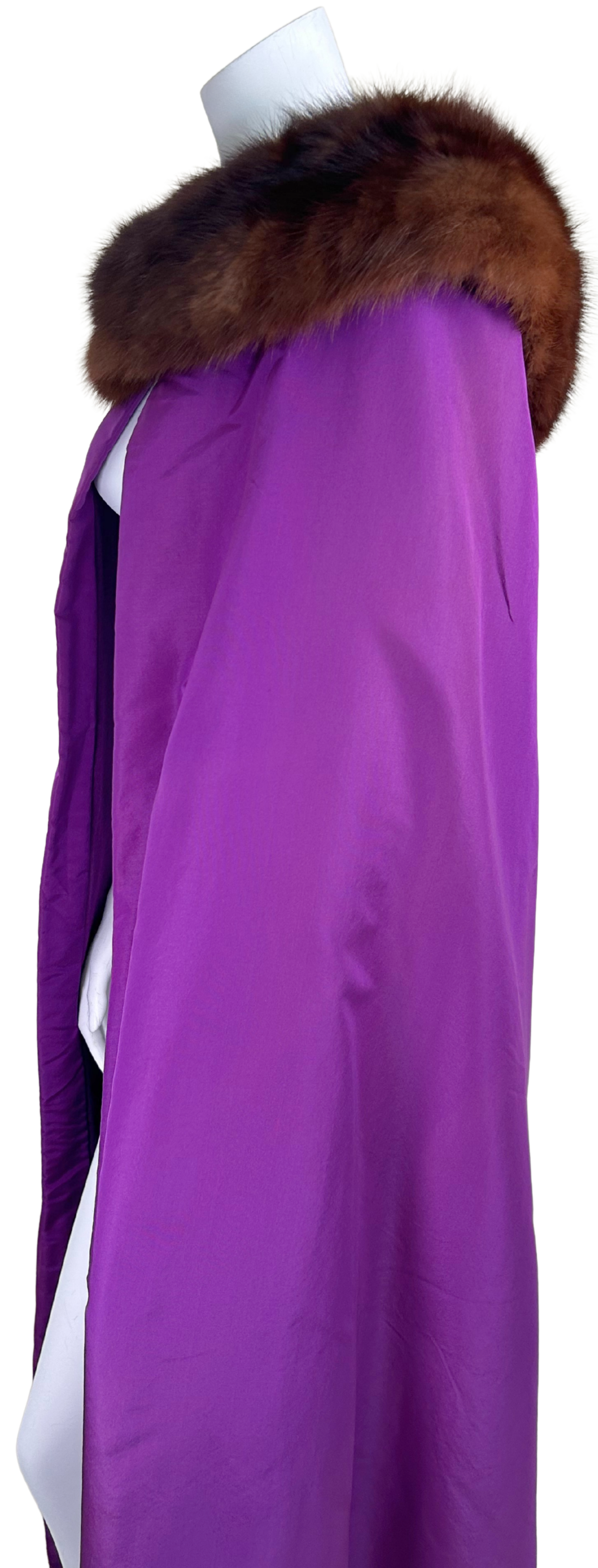 Vintage 1960s Paulene Trigère Purple Taffeta Cape with Mink Fur Collar