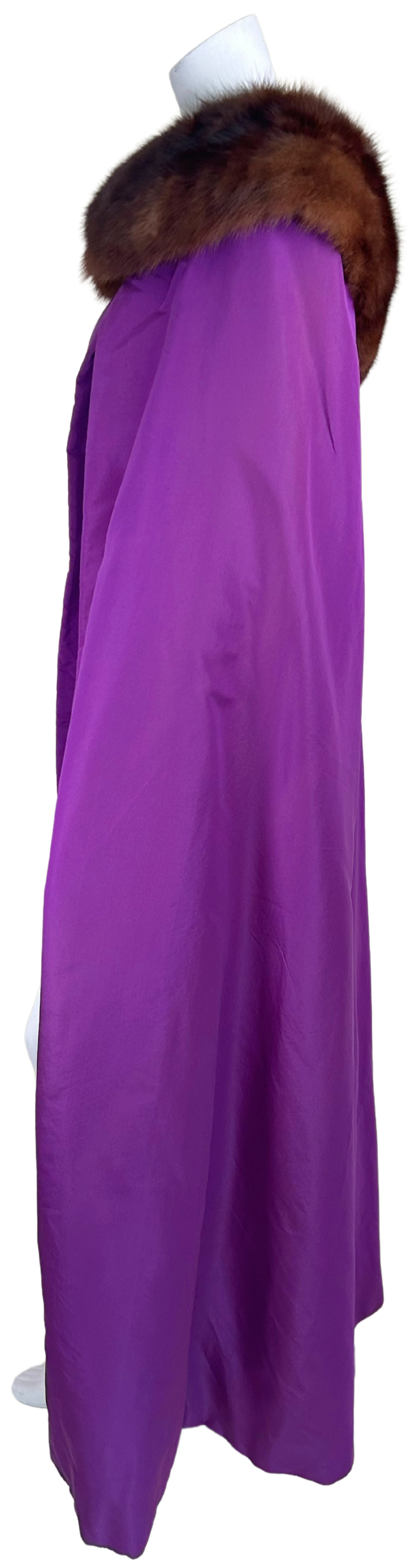 Vintage 1960s Paulene Trigère Purple Taffeta Cape with Mink Fur Collar