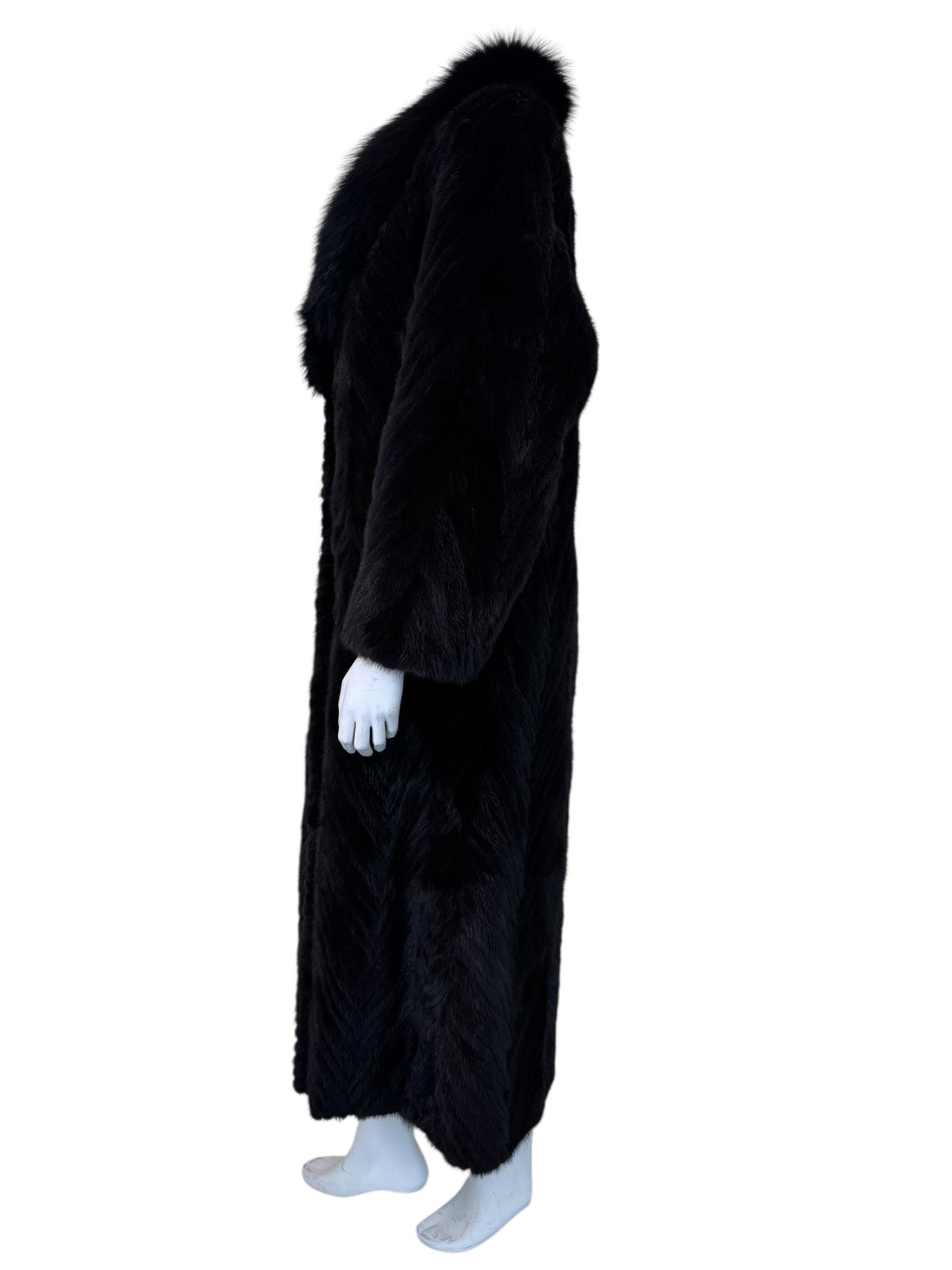 Vintage 1970s-1980s Full Length Dark Ranch Mink Fur Coat - Chevron Let-Out Tuxedo Collar