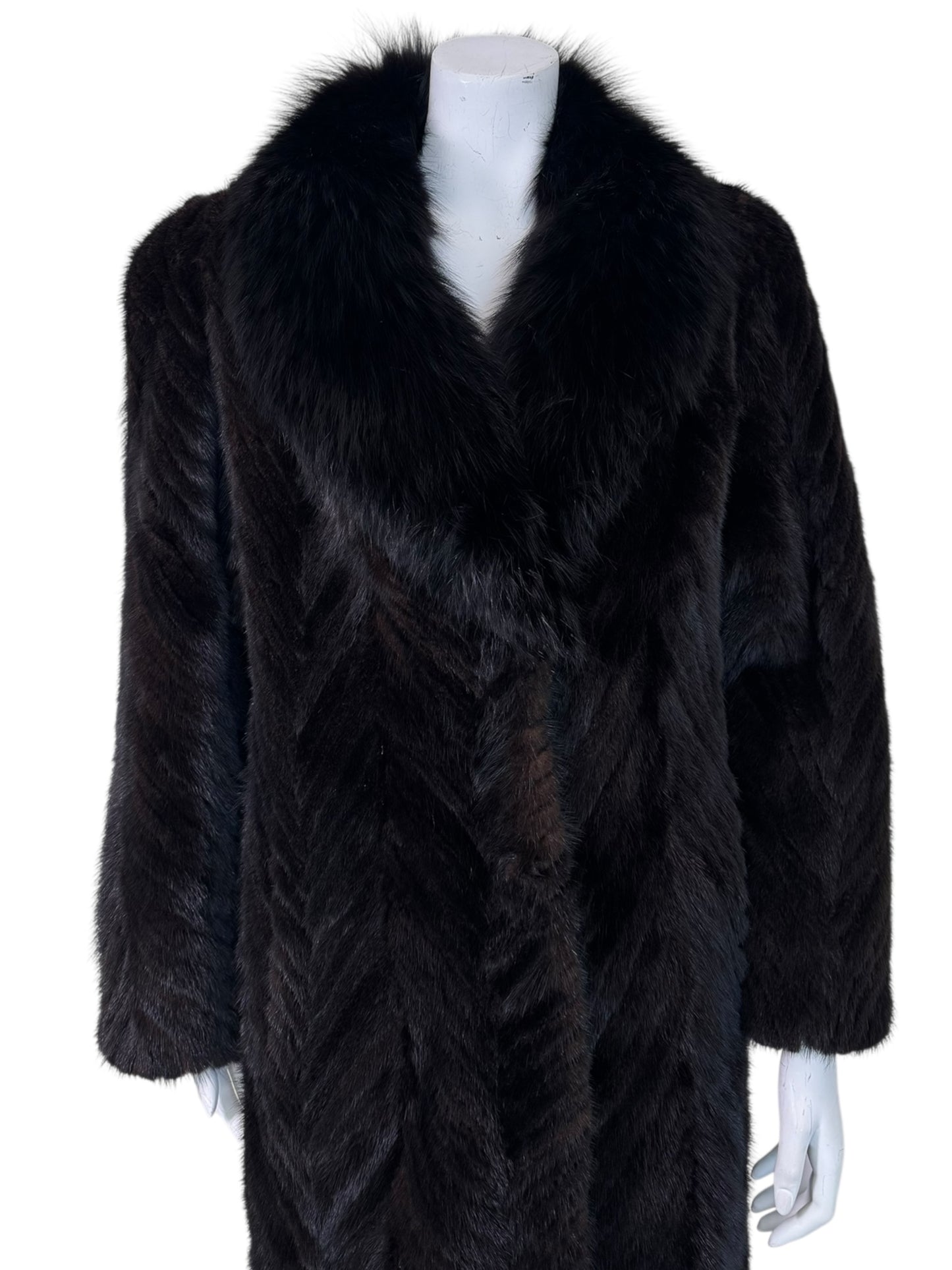 Vintage 1970s-1980s Full Length Dark Ranch Mink Fur Coat - Chevron Let-Out Tuxedo Collar