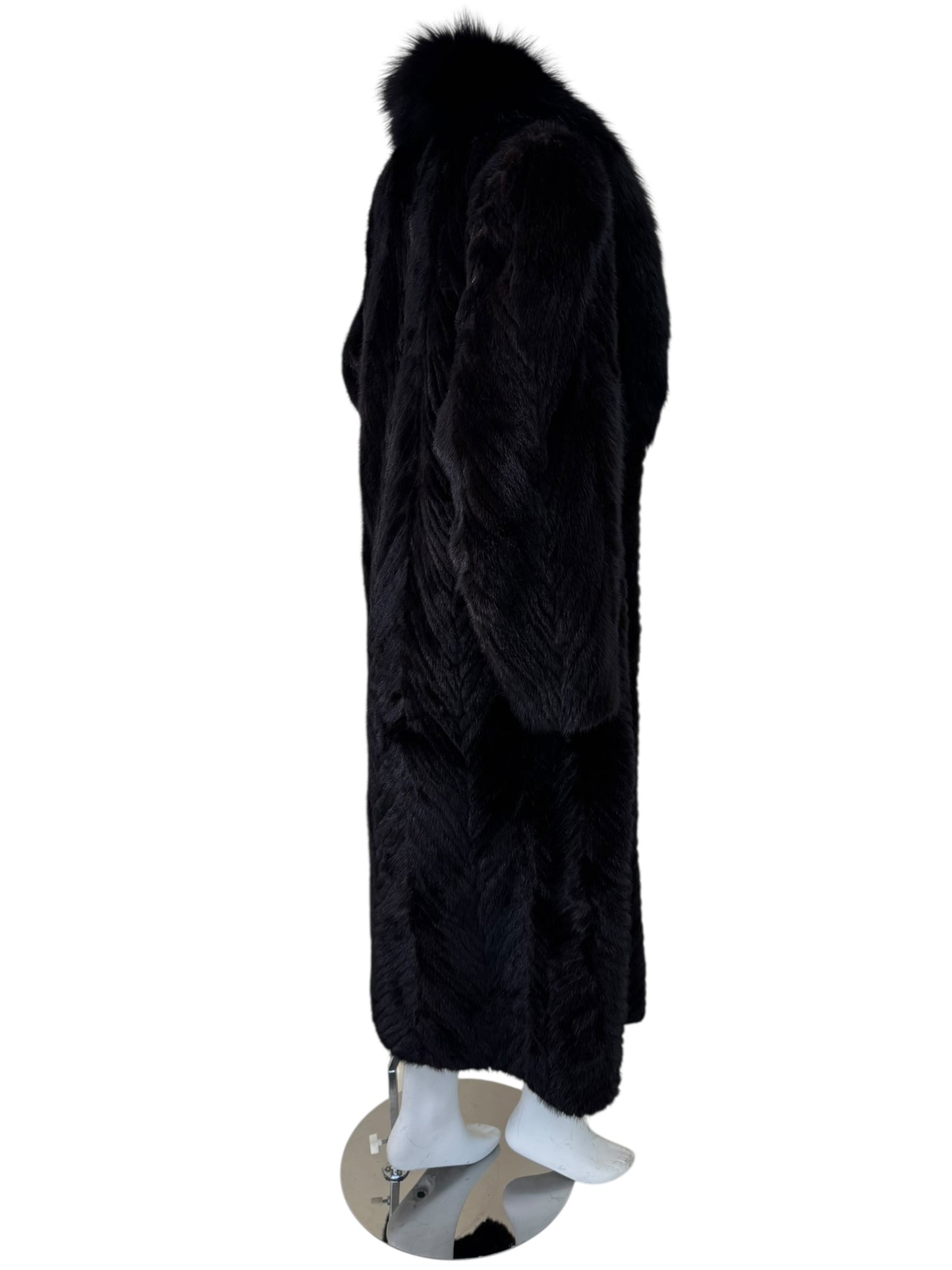 Vintage 1970s-1980s Full Length Dark Ranch Mink Fur Coat - Chevron Let-Out Tuxedo Collar