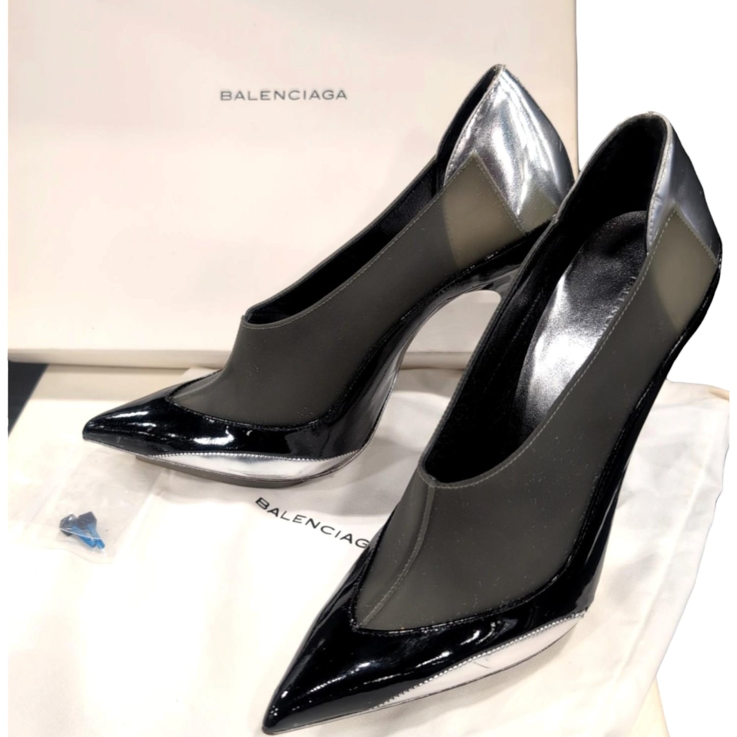 Balenciaga F/W 2008 by Nicolas Ghesquière Black Patent Leather & PVC Pointed Toe Pumps w/ Box Size 37.5