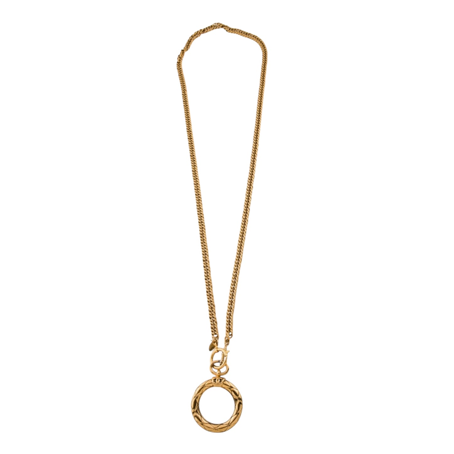 1980s Chanel Gold Plated Curb Chain Quilted Magnifying Glass Pendant Necklace
