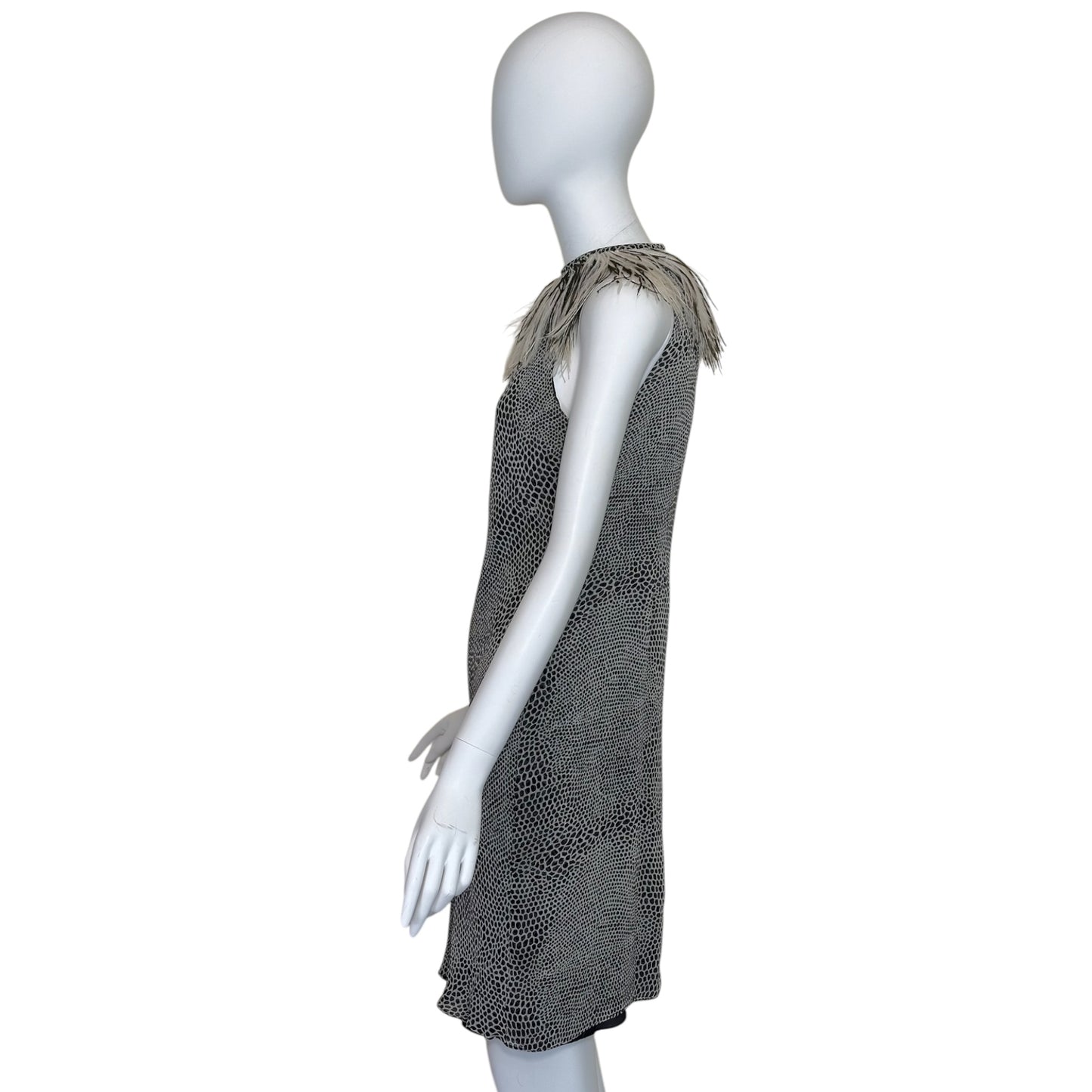 Vintage Cose Belle Couture Shannon McLean Ostrich Feather Trim Silk Pebble Print Dress Size 42