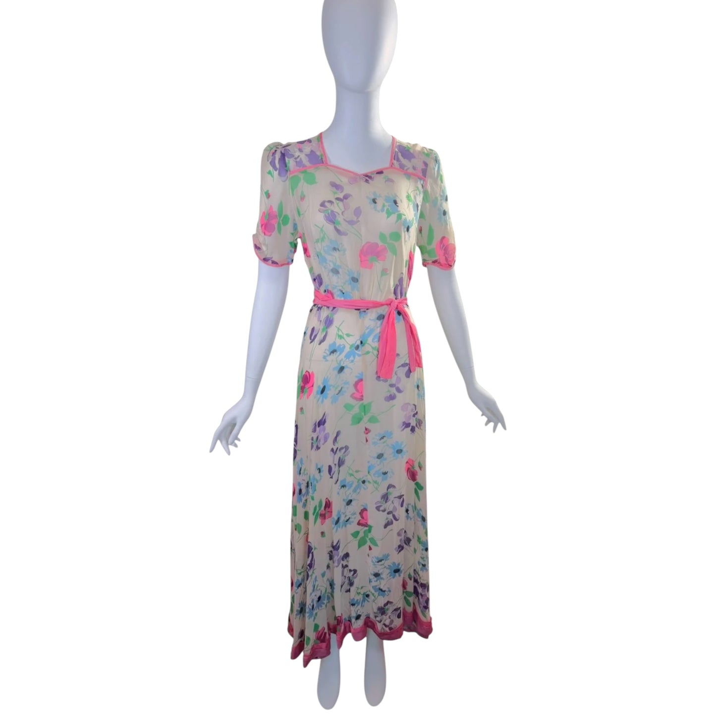 Vintage 1940s Silk Chiffon Watercolor Gown with Pink Sash & Puff Sleeves