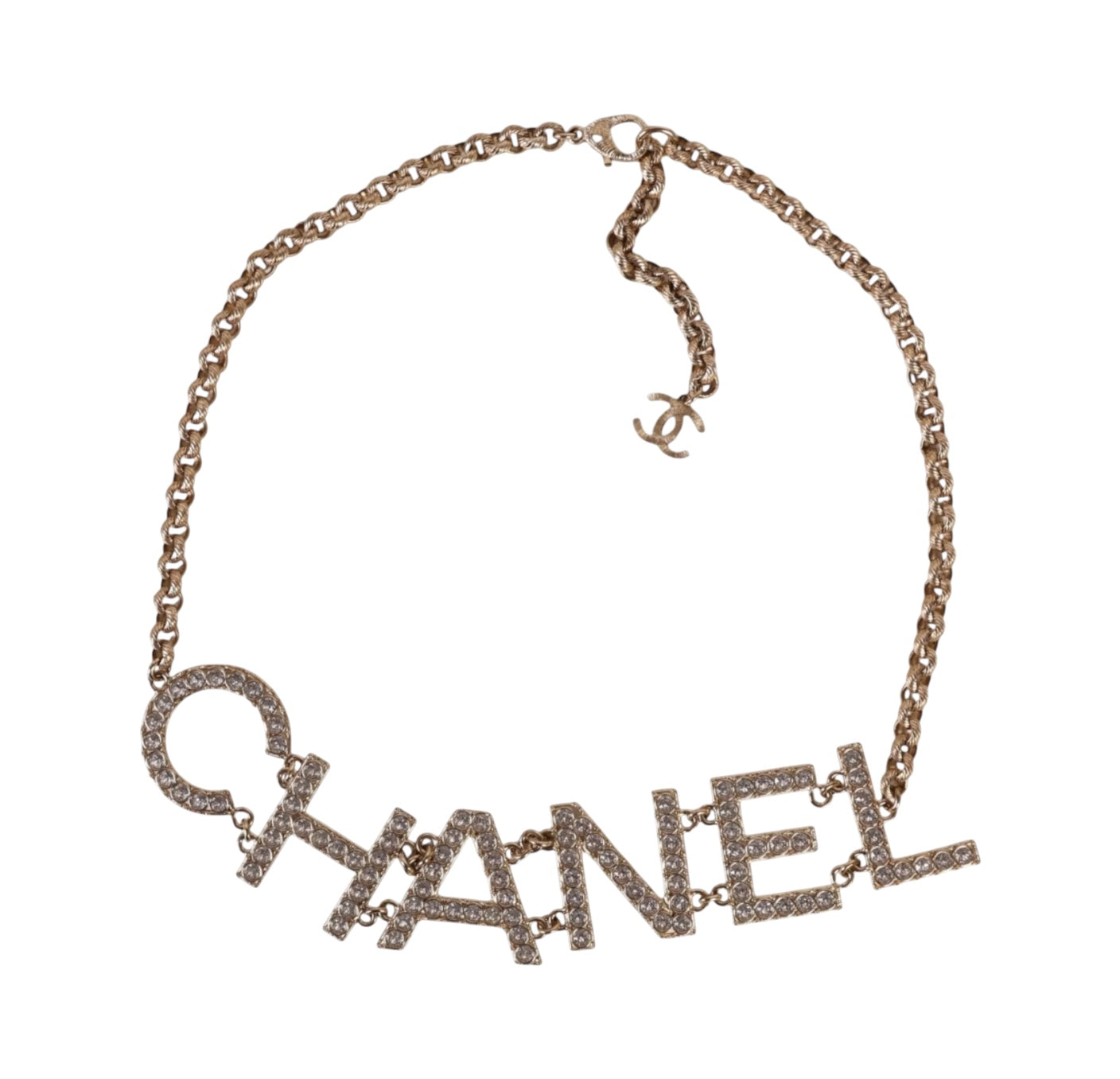 Chanel S/S 2019 Crystal "CHANEL" Logo Gold-Tone Chain Belt with CC Clasp