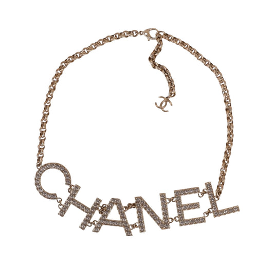 Chanel S/S 2019 Crystal "CHANEL" Logo Gold-Tone Chain Belt with CC Clasp