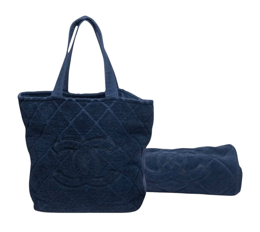 Chanel Navy Quilted Terrycloth CC Logo Tote Bag & Matching Towel Set, Diamond Pattern Cotton