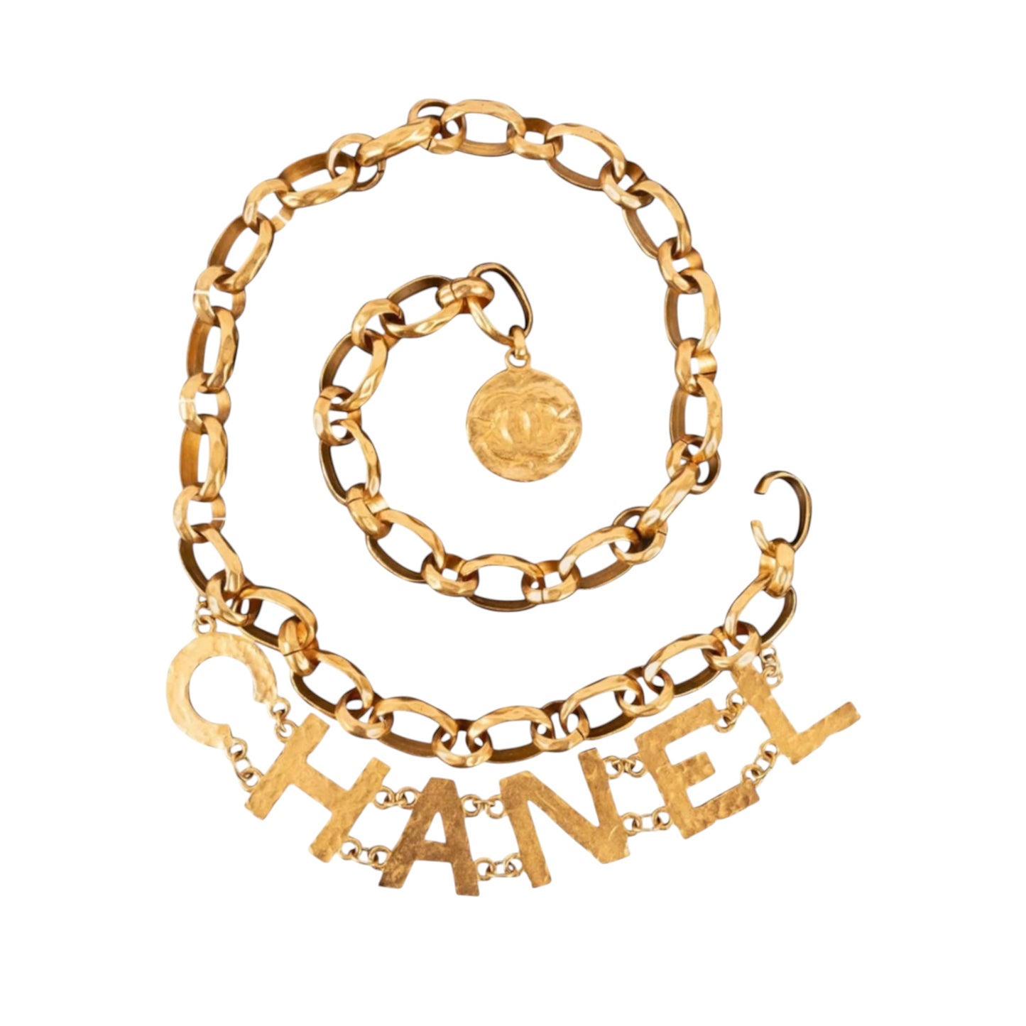 Chanel S/S 1993 Hammered Gold CHANEL Letter Logo Chain Belt – Runway (Look 1)