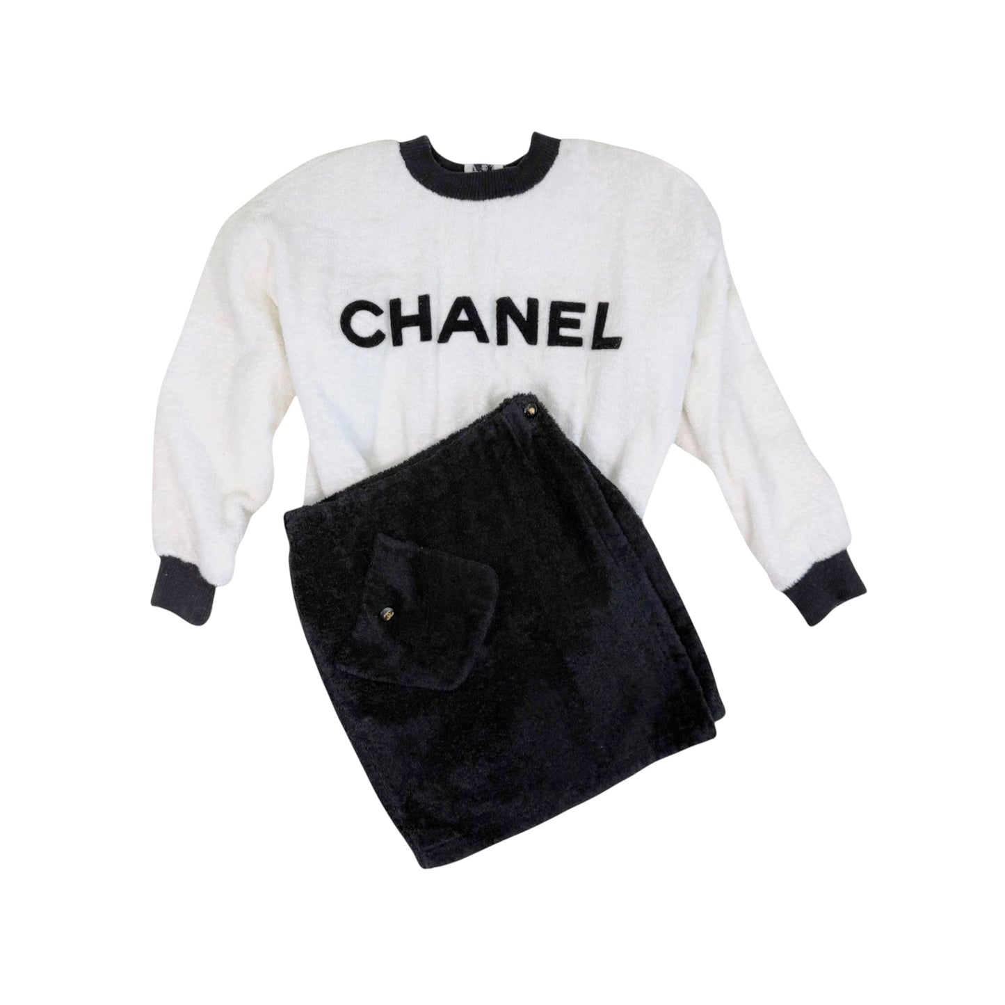 Vintage Chanel Boutique 1992 Terry Cloth Logo Sweatshirt & Mini Skirt Set Made in France