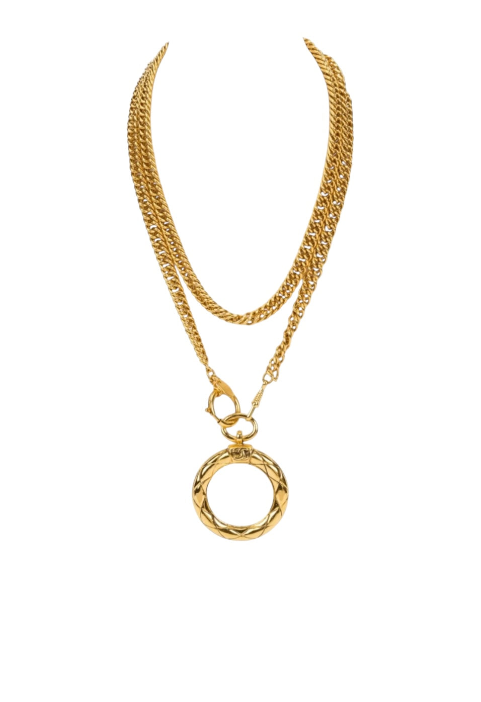 1980s Chanel Gold Plated Curb Chain Quilted Magnifying Glass Pendant Necklace