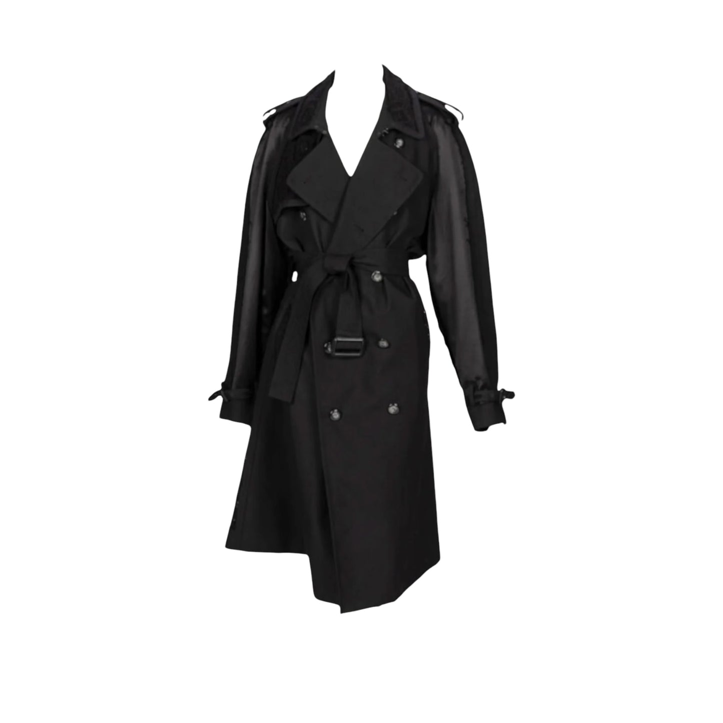 Maison Margiela S/S 2018 Black Wool Double-Breasted Trench Coat with Crocheted Lace Insets Size 50 IT