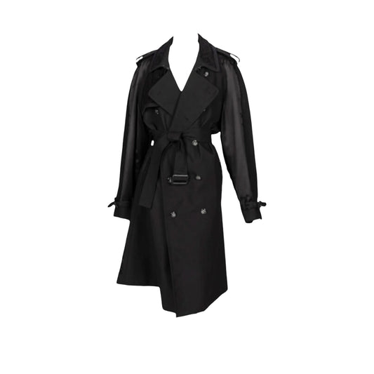 Maison Margiela S/S 2018 Black Wool Double-Breasted Trench Coat with Crocheted Lace Insets Size 50 IT