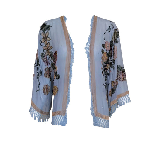 Vintage Light Blue Silk Chiffon Beaded Floral Fringe Kimono Jacket
