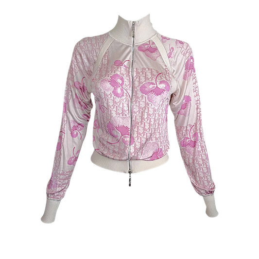 Christian Dior by John Galliano SS 2005 Pink Diorissimo Monogram Cherry Blossom Zip Bomber Jacket - Size 6