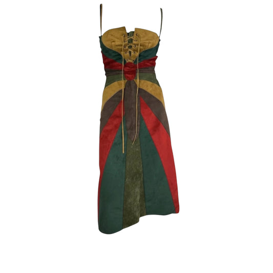 Dolce & Gabbana F/W 2002 Patchwork Suede Lace-Up Midi Dress w/ Built-In Lace Bra NWT IT 46