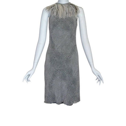 Vintage Cose Belle Couture Shannon McLean Ostrich Feather Trim Silk Pebble Print Dress Size 42