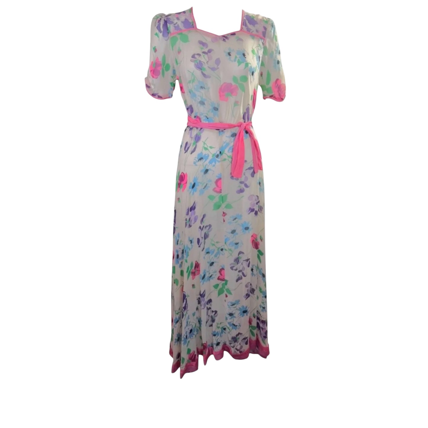 Vintage 1940s Silk Chiffon Watercolor Gown with Pink Sash & Puff Sleeves